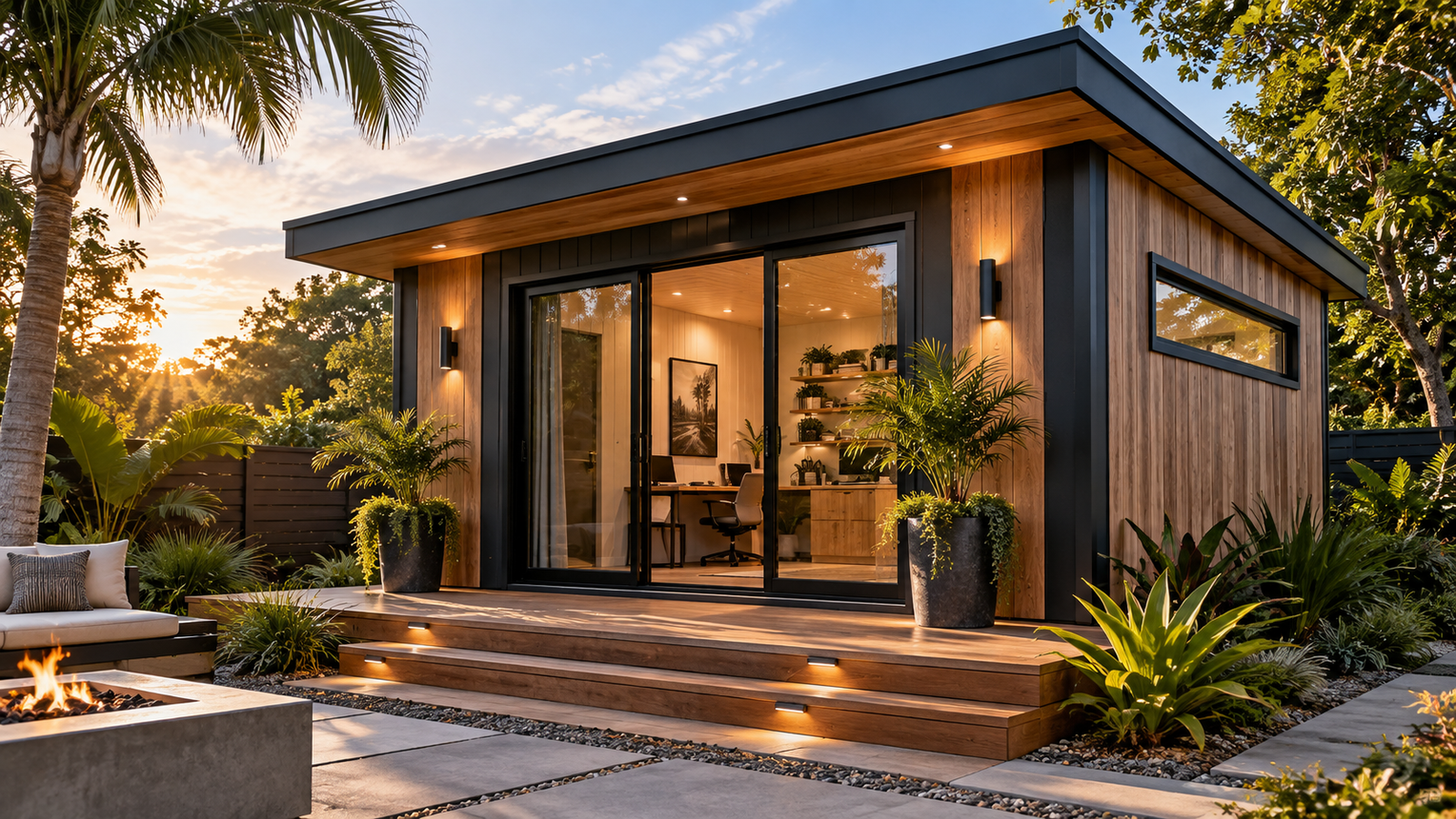 Modern backyard studio with warm wood siding and black architectural details