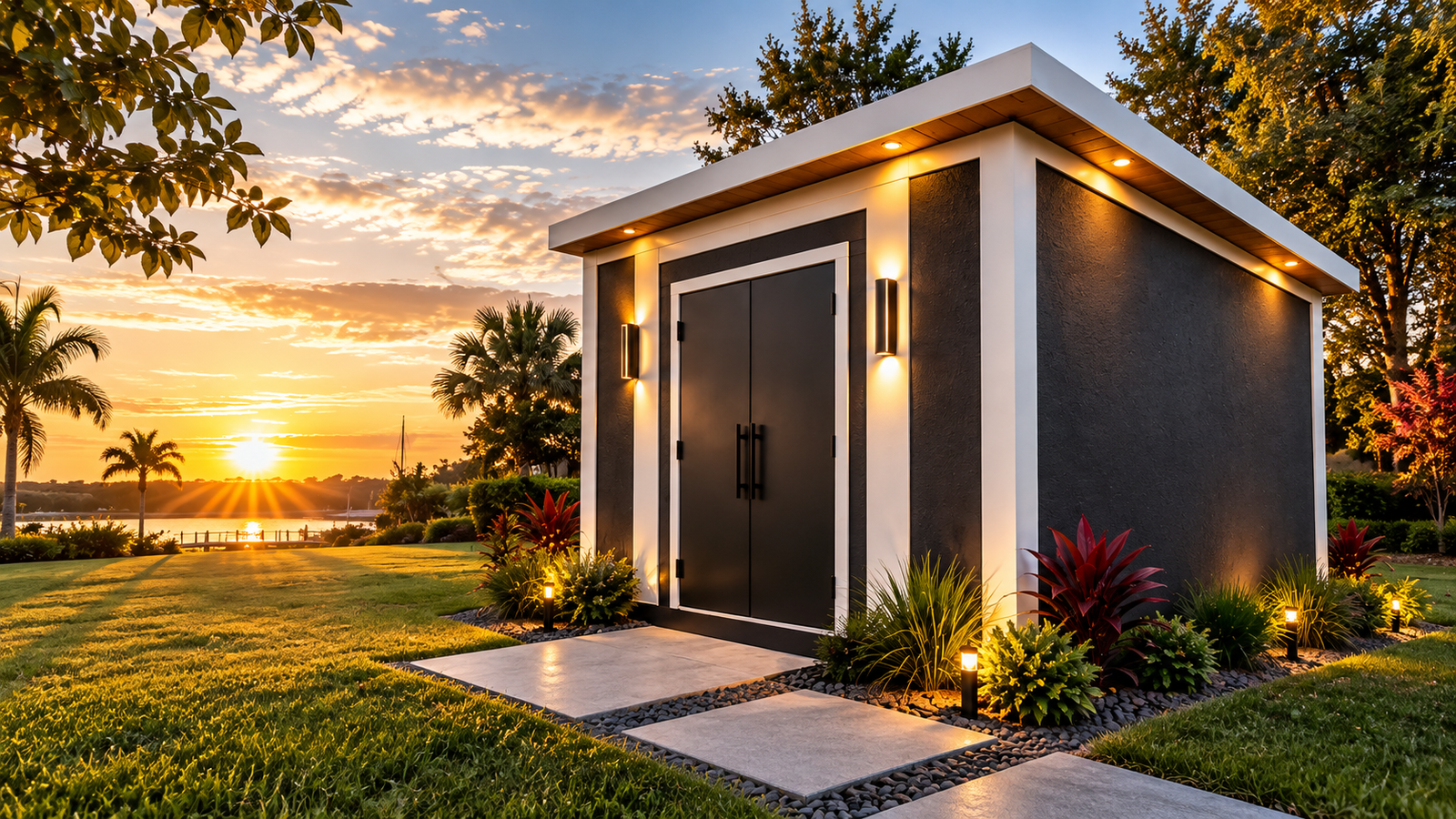 Modern black and white custom shed with architectural lighting and landscaping …