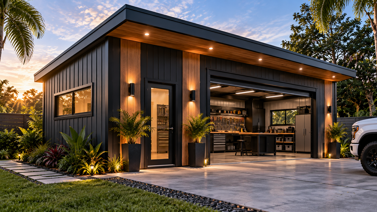 Modern tropical workshop with charcoal siding, wood accents, and open garage workspace