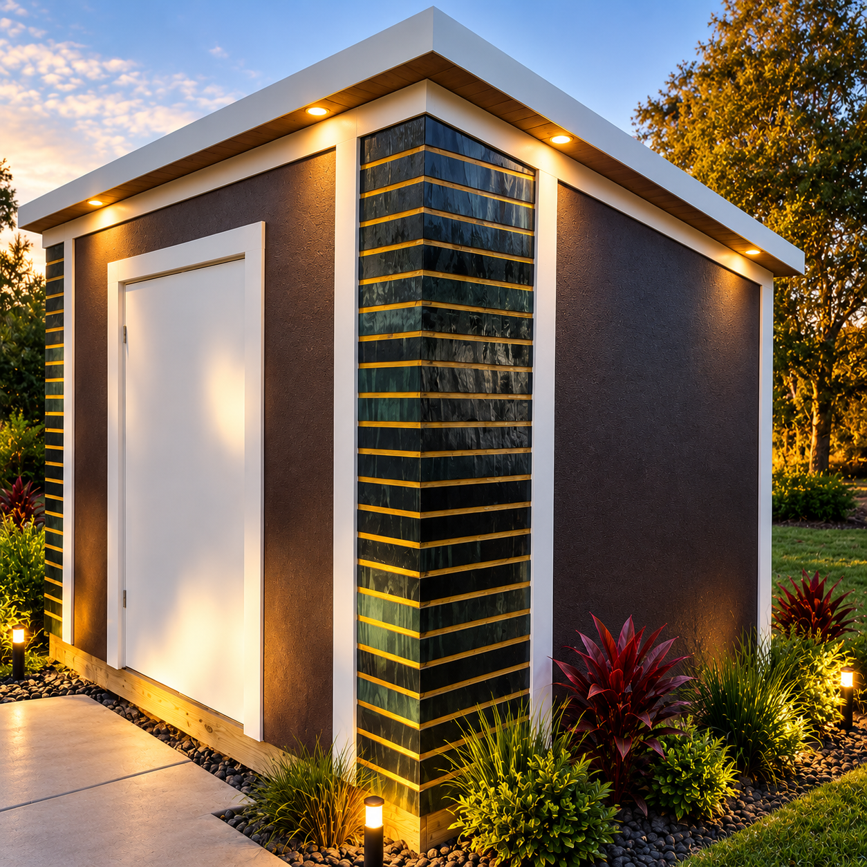 Modern dark custom shed with white trim