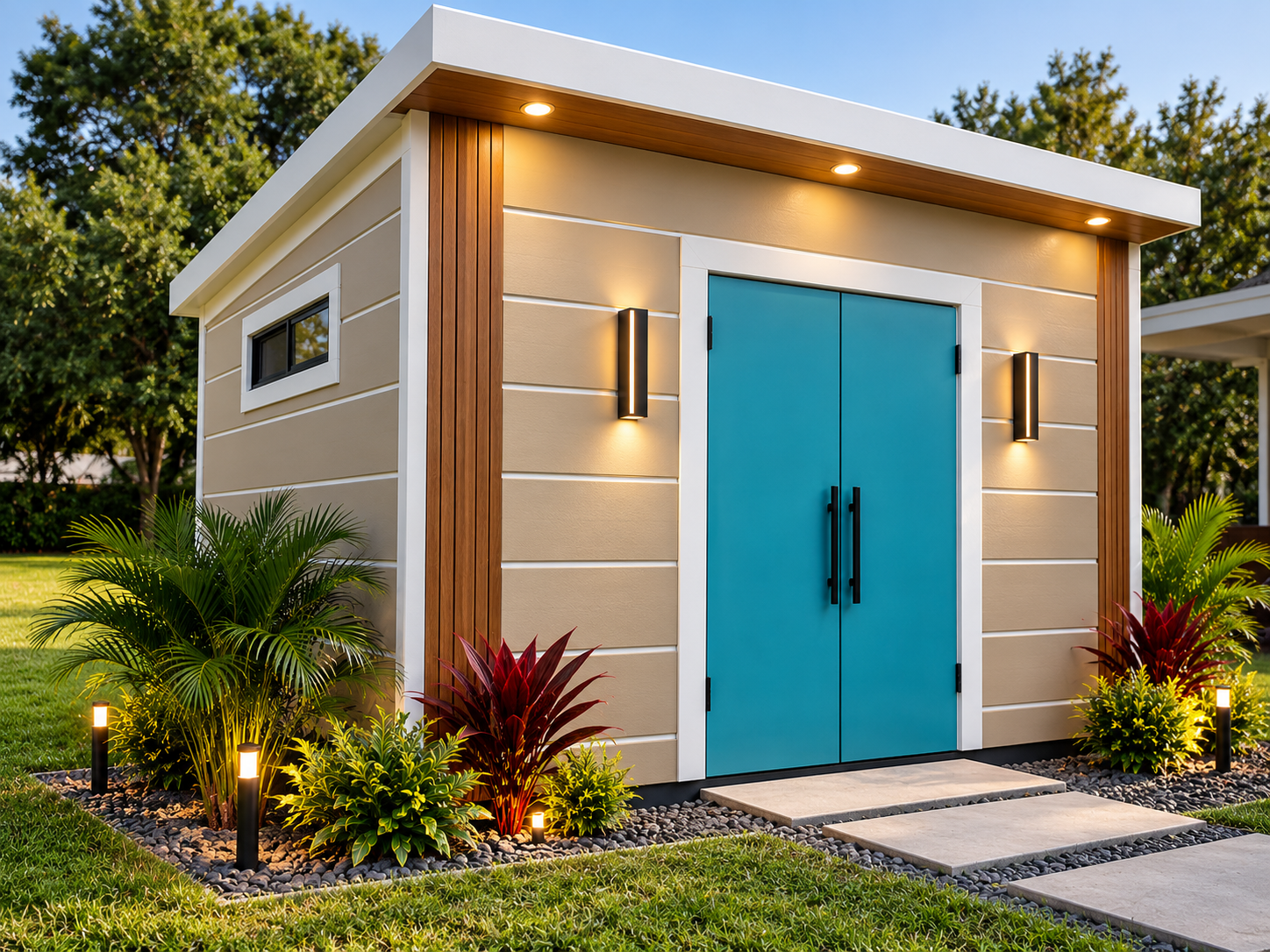 Modern beige shed with turquoise doors